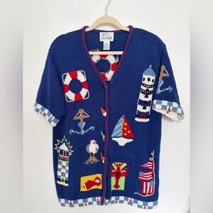 Quacker Factory Blue Knit Top with Red Stitching